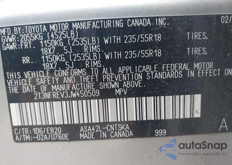 2018 Toyota Rav4 Se from USA, damaged, VIN 2T3NFREV3JW450509